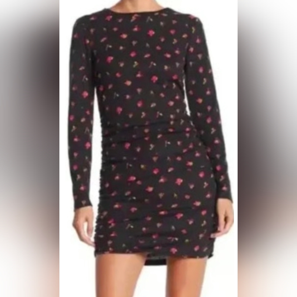 Abound Black Long-Sleeve Floral Ruched Bodycon Dress